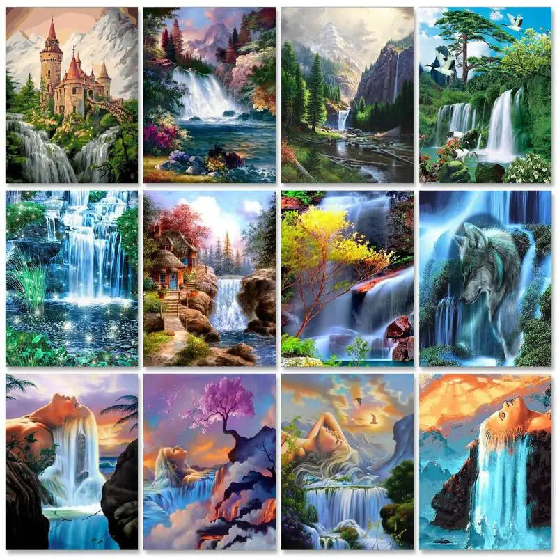 

RUOPOTY 40x50cm Painting By Numbers With Frame Waterfall Castle Picture Coloring By Numbers For Adults Paint On Canvas Diy Craft