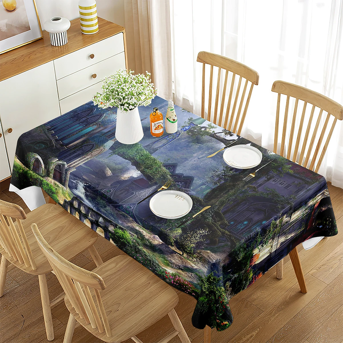 Fantasy World Tablecloth, Wonderland Forest With Elves Universe Theme