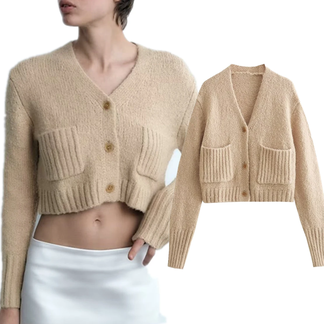 

Elmsk Single Breasted Pocket Knit Cardigan Jacket Fashion Khaki Elegant Girl Casual Sweater Women Tops