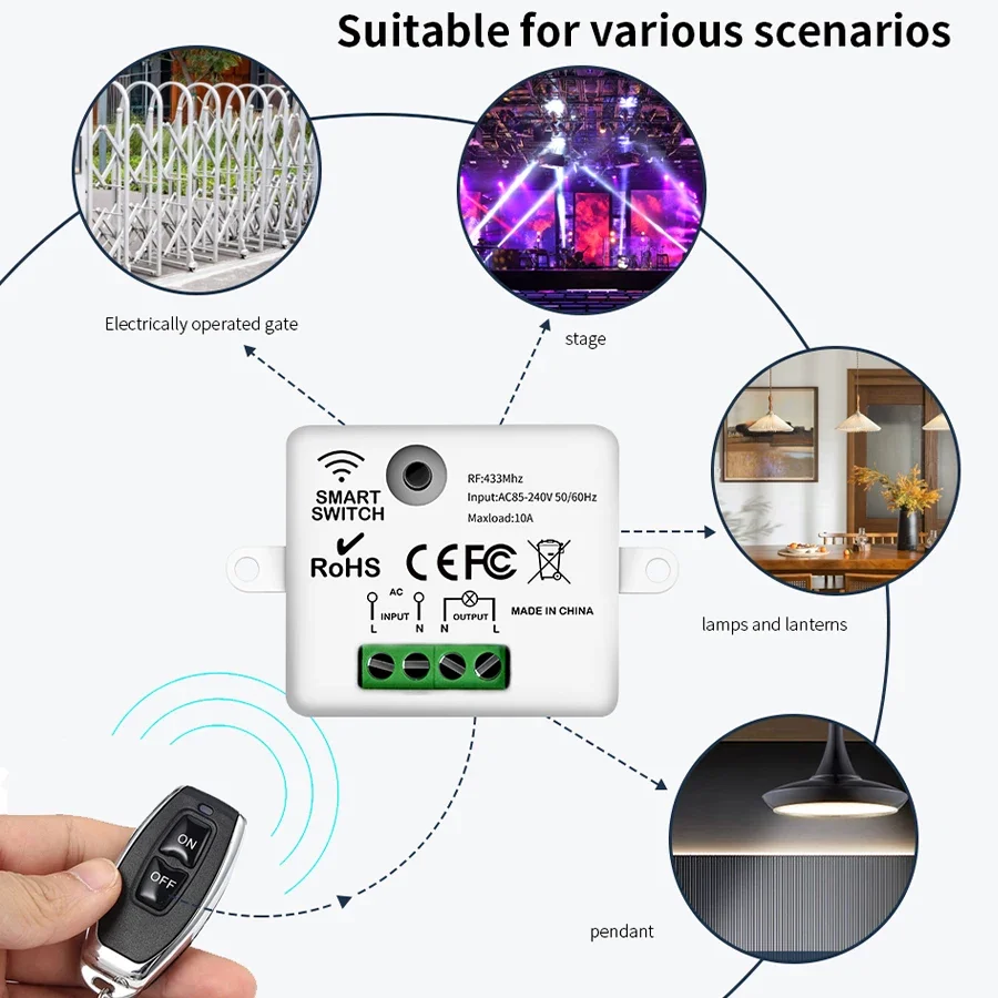 RF 433 MHz Interruttore di telecomando senza fili Smart Home 110 V 220 V 10A Mini Controller Relè ON/OFF Trasmettitore Interruttori della luce da parete - immagine 4