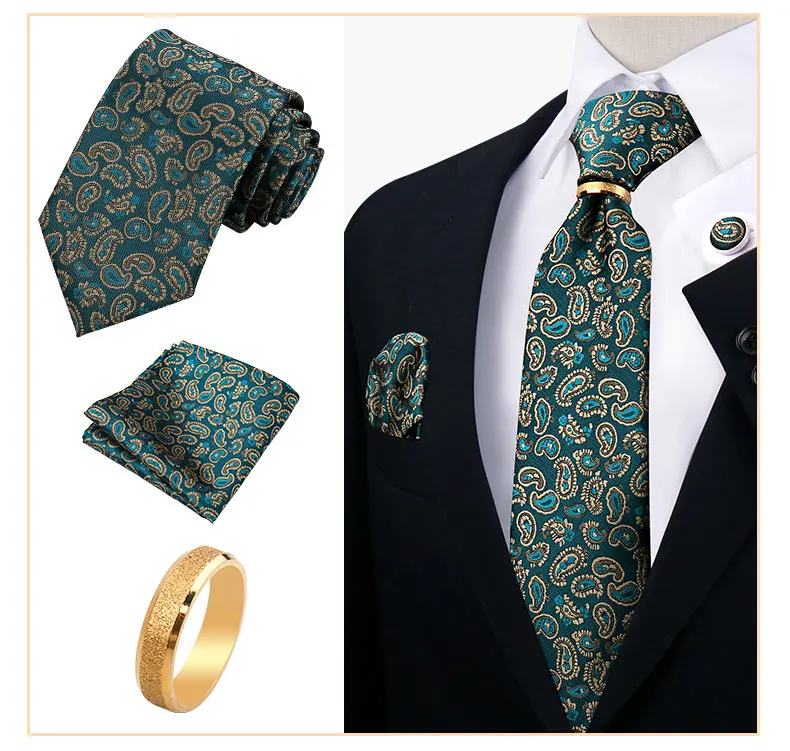 Krawattenring für Männer, luxuriöse Krawatte, Einstecktuch, Manschettenknöpfe mit goldenem Metallring, Anzug, Paisley, rote Krawatte für Hochzeit, 8 cm Herren-Accessoires – Detail 16