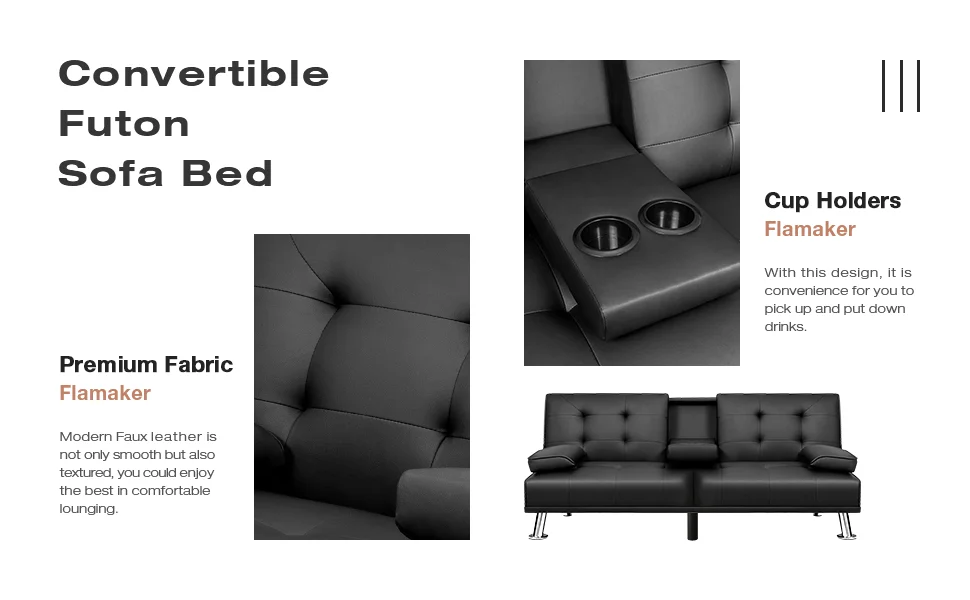 Description Picture 4 of itemFuton Sofa Bed, Modern Folding Futon Set, Convertible Lounge Chair, with 2 Cup Holders and Detachable Armrests
