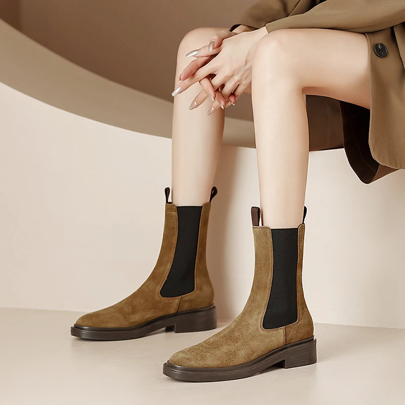 

2023 new Autumn winter Women ankle boots natural leather 22-25cm cow suede/cowhide upper Chelsea boot Low Heel Chimney Boots