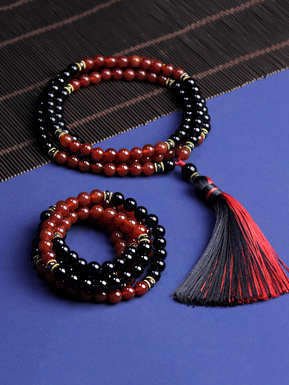 Japamala 108beads Women Necklace natural stones Black onyx and red agate tassel Healing Energy Jewelry,women necklace