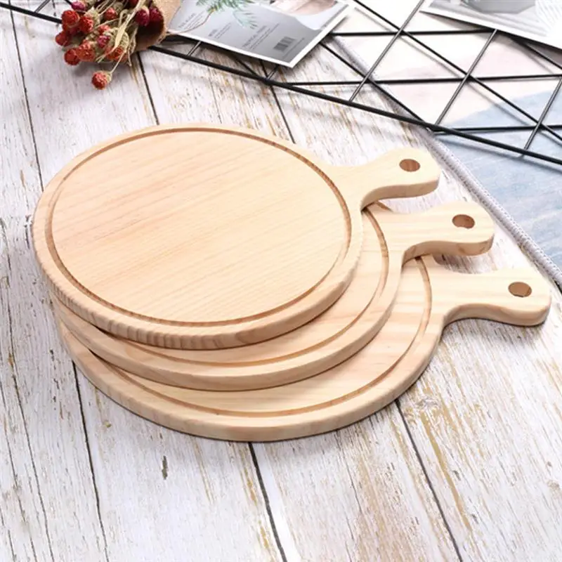 

1pc Wood Round Pizza Tray Steak Tray Kitchen Pizza Board Wood Paddle Wooden Pizza Peel Snack Serving Tray Kitchen Dodo