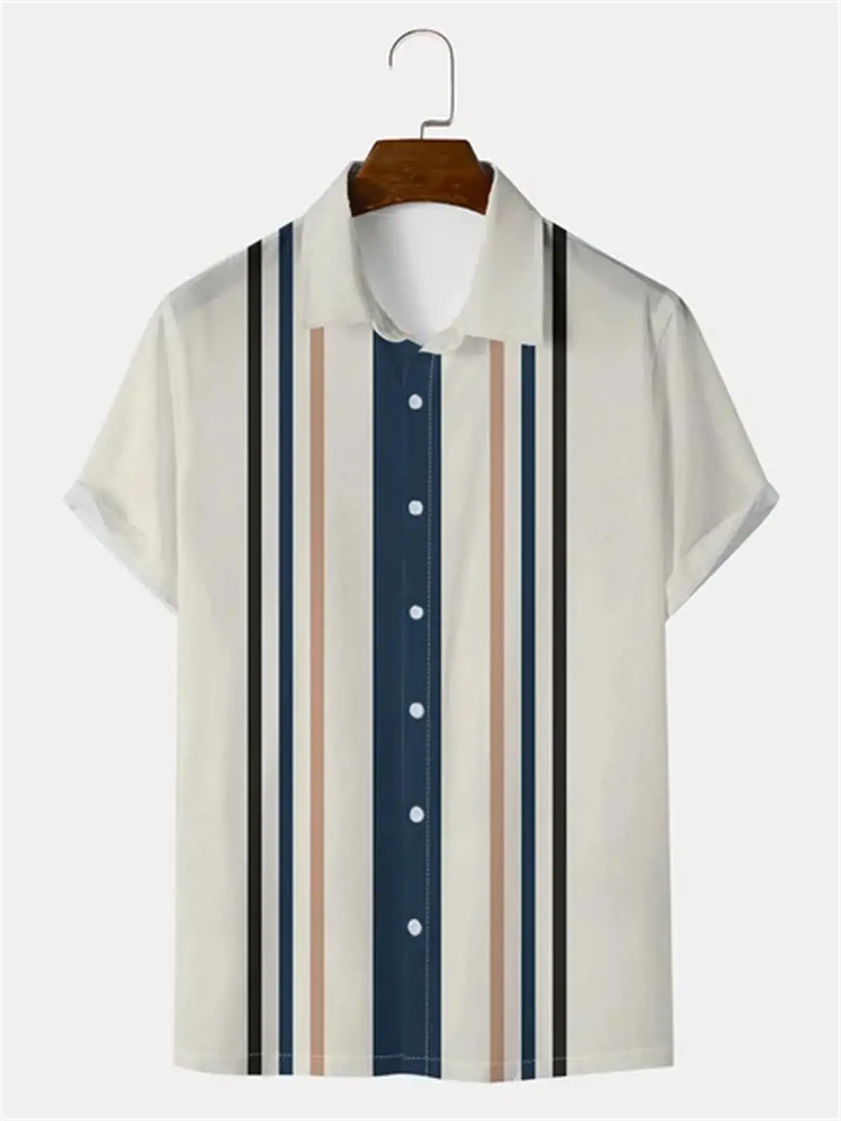 Hawaiian Men's Short Sleeved Shirt, Casual Stripe Printed National Style, Retro, Lapel, Open Button, Beach Top 2