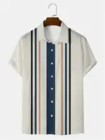 Hawaiian Men's Short Sleeved Shirt, Casual Stripe Printed National Style, Retro, Lapel, Open Button, Beach Top 2