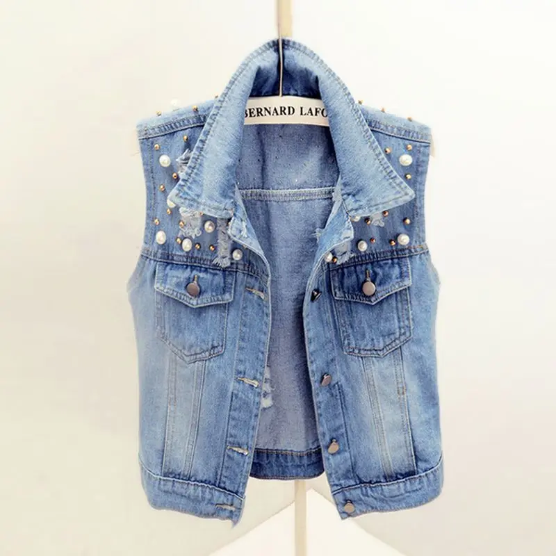 

High-end Luxury Holes Pearls Denim Vests Sleeveless Jacket Streetwear Cardigan Korean Fashion Slim Coats Waistcoats