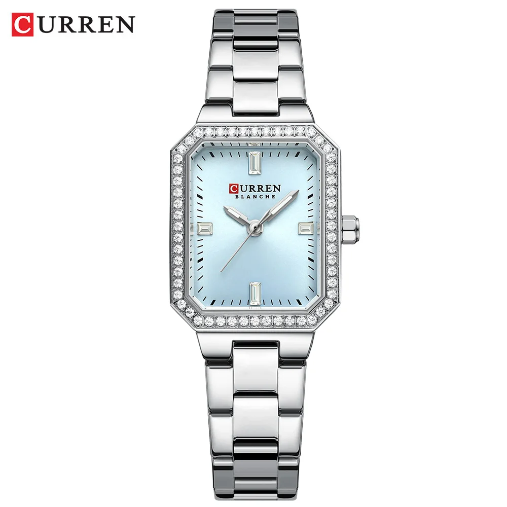 CURREN Luxury Brand Watches for Women Simple Rectangular Dial with Sparkling Rhinestones Casual Quartz Wristwatch with Luminous 5