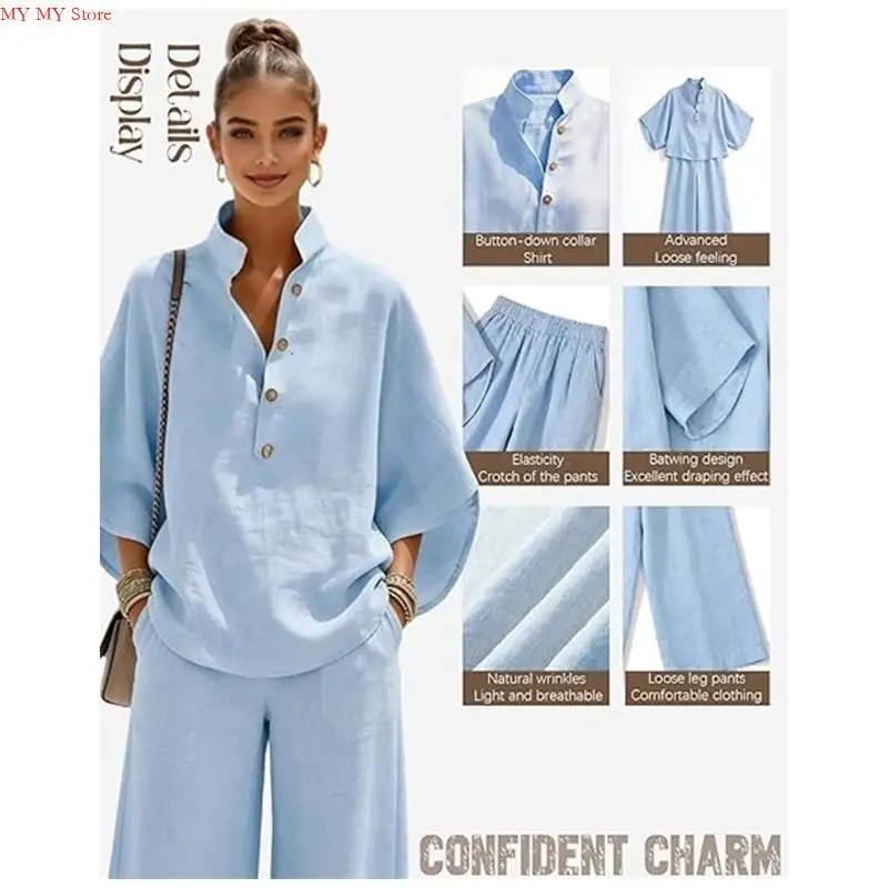 Two Piece Set for Women Spring Outfits 2026 Summer Fashion Casual Button Down Shirt Wide Leg Pants Lounges Set