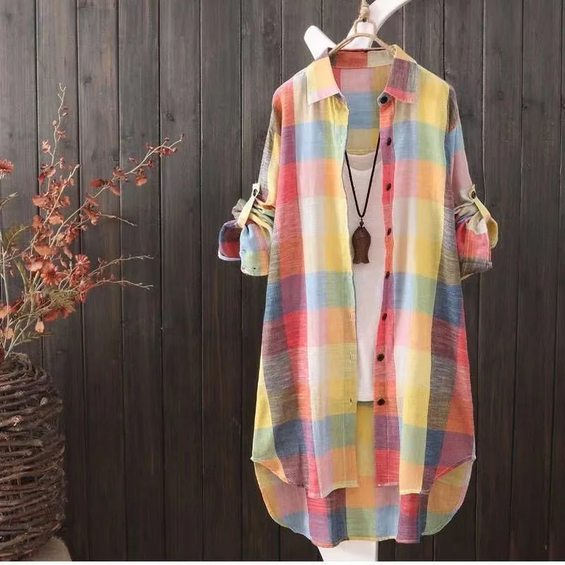 Spring and Autumn Aesthetic Chic Long Shirt Women Turn Down Collar Long Sleeve Plaid 90s Vintage Harajuku Street Hipster Clothes