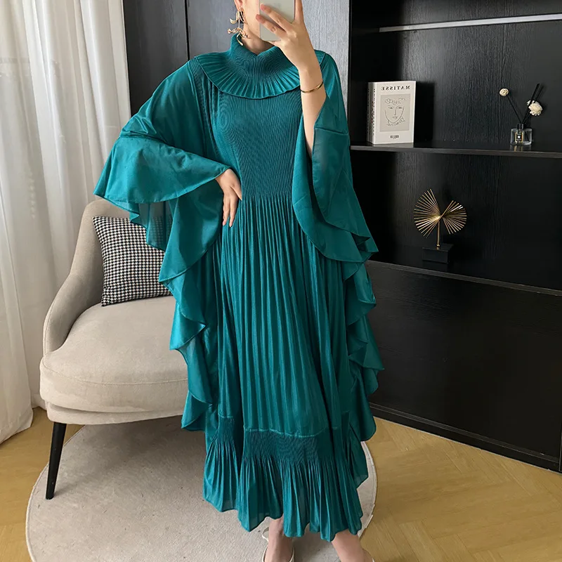 

Miyake Pleated Lace Dress Women 2024 Spring Elegant Temperament Ageing Pleated Ruffled Sleeve Mid-length Skirt Women Clothing