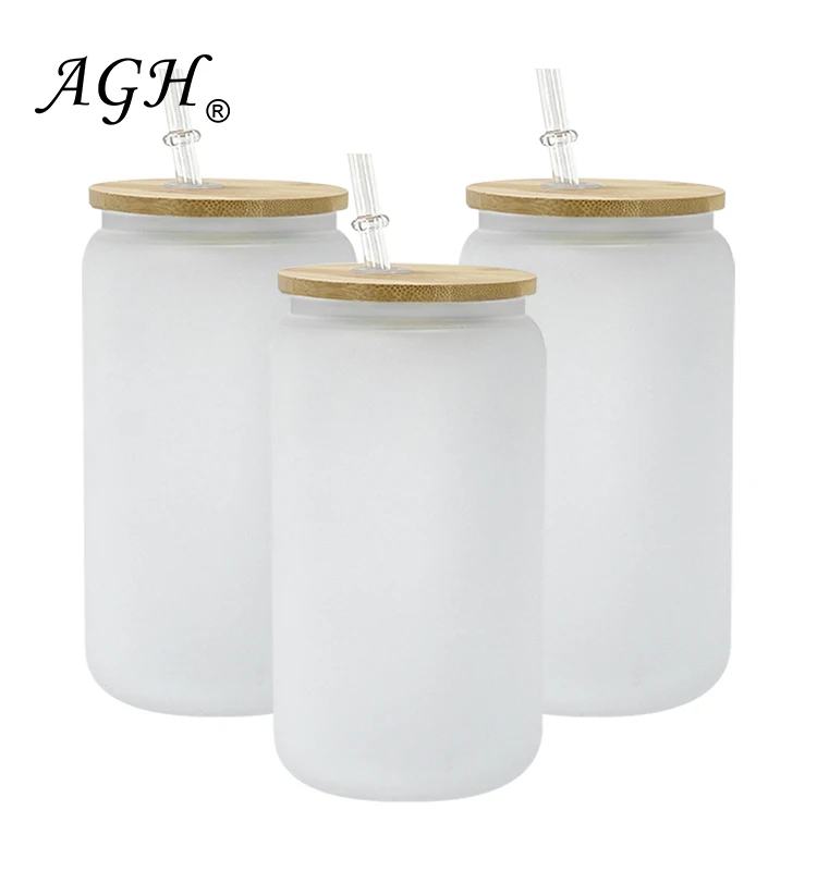 

AGH China USA Canada Warehouse 16oz Clear Frosted Sublimation Blanks Glass Mason Jar Beer Can Glass Cup With Bamboo Lid