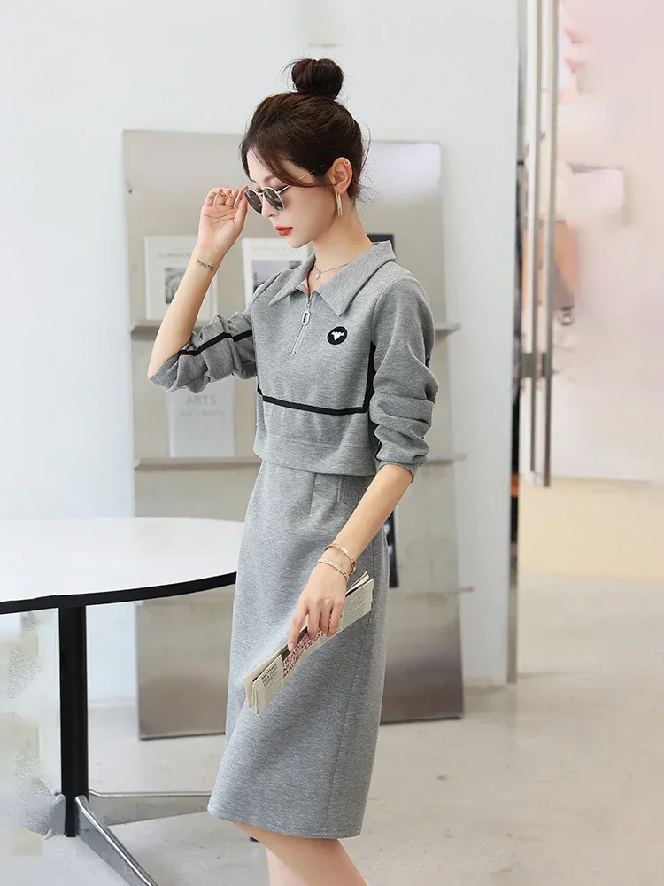 long-polo-collar-dress-for-women-fake-two-pieces-dress-casual-wear-black-and-gray-fashion-new-spring-autumn-2023