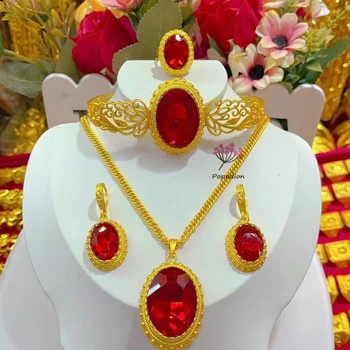 Popodion Dubai New 24K Gold Plated Wedding Necklace Earrings Ring Bracelets Wedding Jewelry Set for Women DD10336