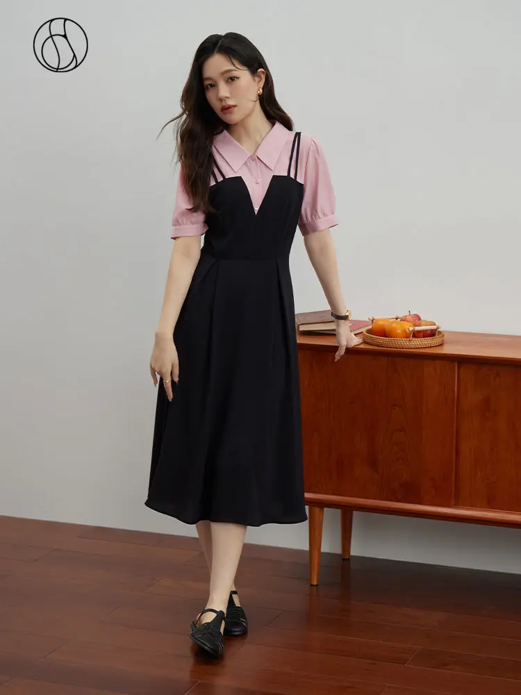 

DUSHU Fake Two-Piece Patchwork Casual Contrasting Color Dress Plump 2023 Summer New High Waisted Slim In Black Dress For Women