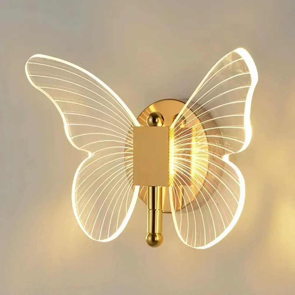 Acrylic Butterfly LED Wall Lamp Interior Modern Metal Wired Wall Lamp Tricolor Adjustment Bedside Wall Light Sconces Christmas