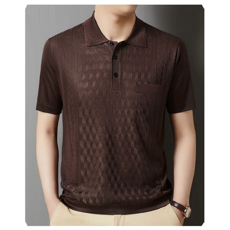 Polo da uomo in maglia jacquard tinta unita con taschino sul colletto, manica corta, elegante, estivo, per affari - immagine 4