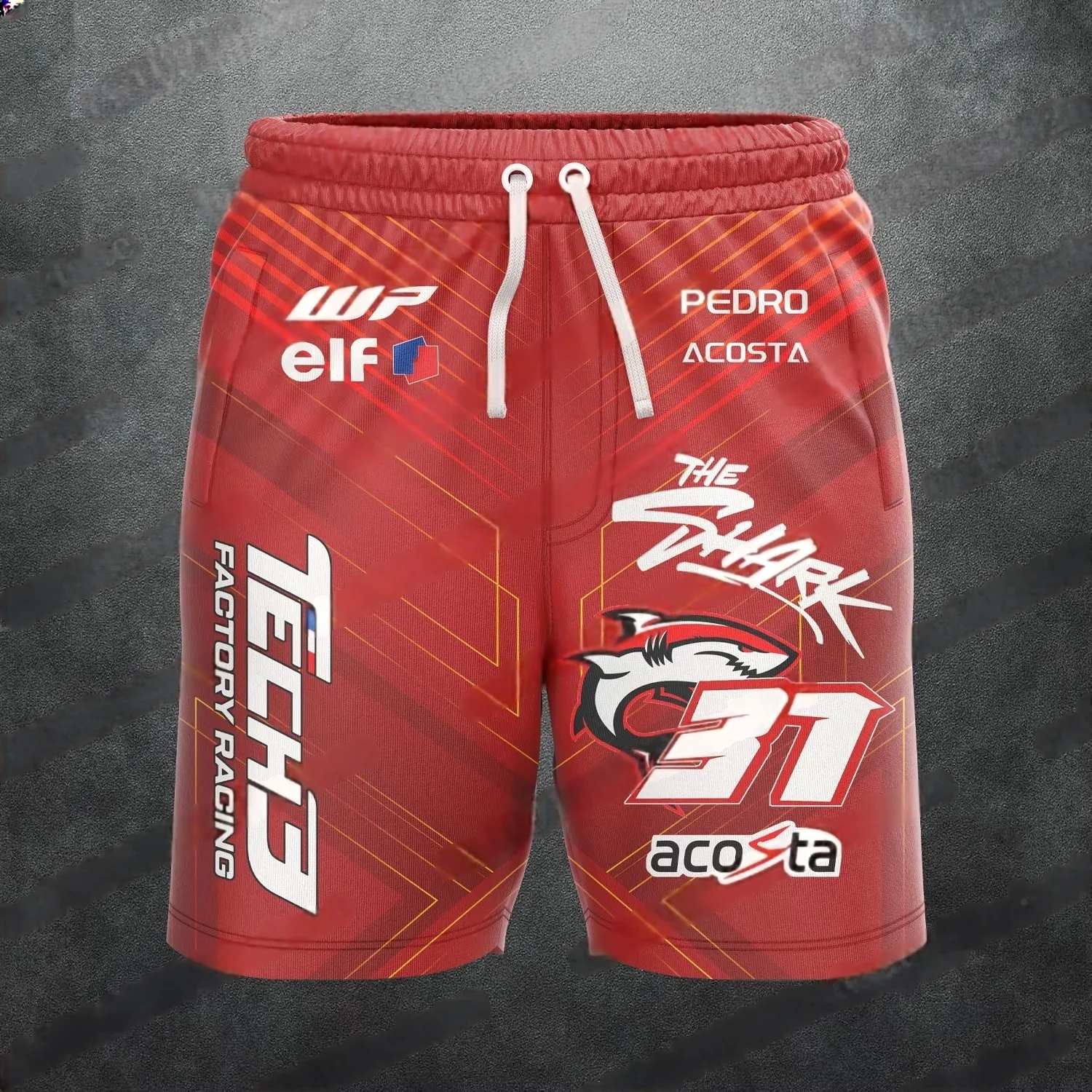 Men’s quick-dry racing fan shorts with No. 31 Acosta print, styled outdoors with helmet and motorcycle gear red