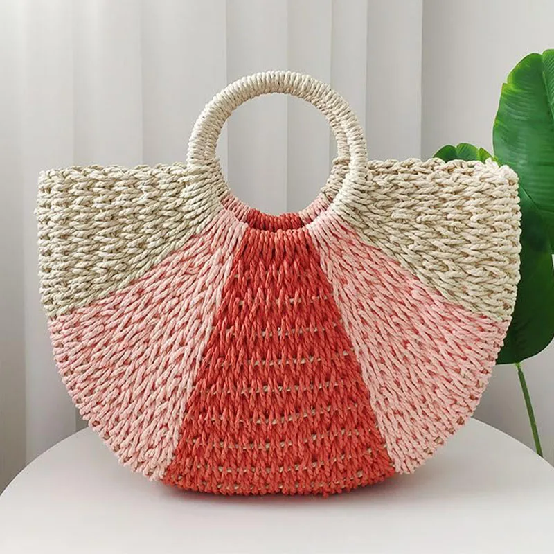 YYW Handwoven Rattan Top Handle Bag for Women Bohemian Round Straw Tote Bag Beach Large Carrying Messenger Handbag 2024 Trendy