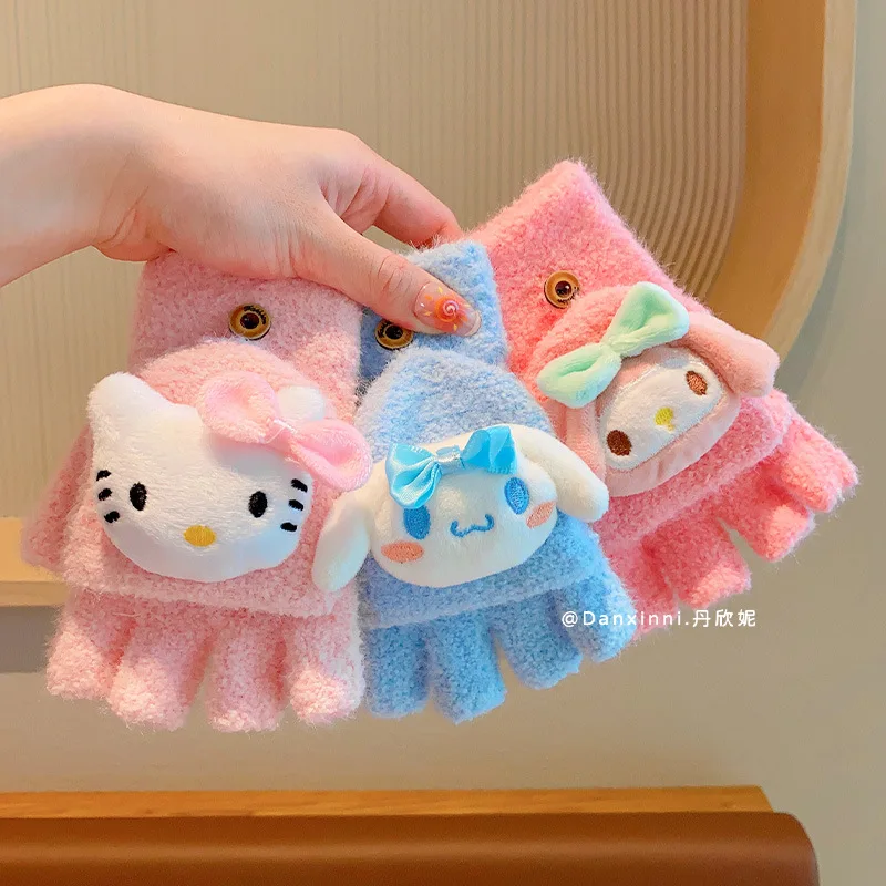 

Hello Kitty Sanrio Cinnamoroll Kuromi Gloves Kids Anime Kawaii Winter Warm Thickened Mittens Student Knit Accessories Toy Gifts
