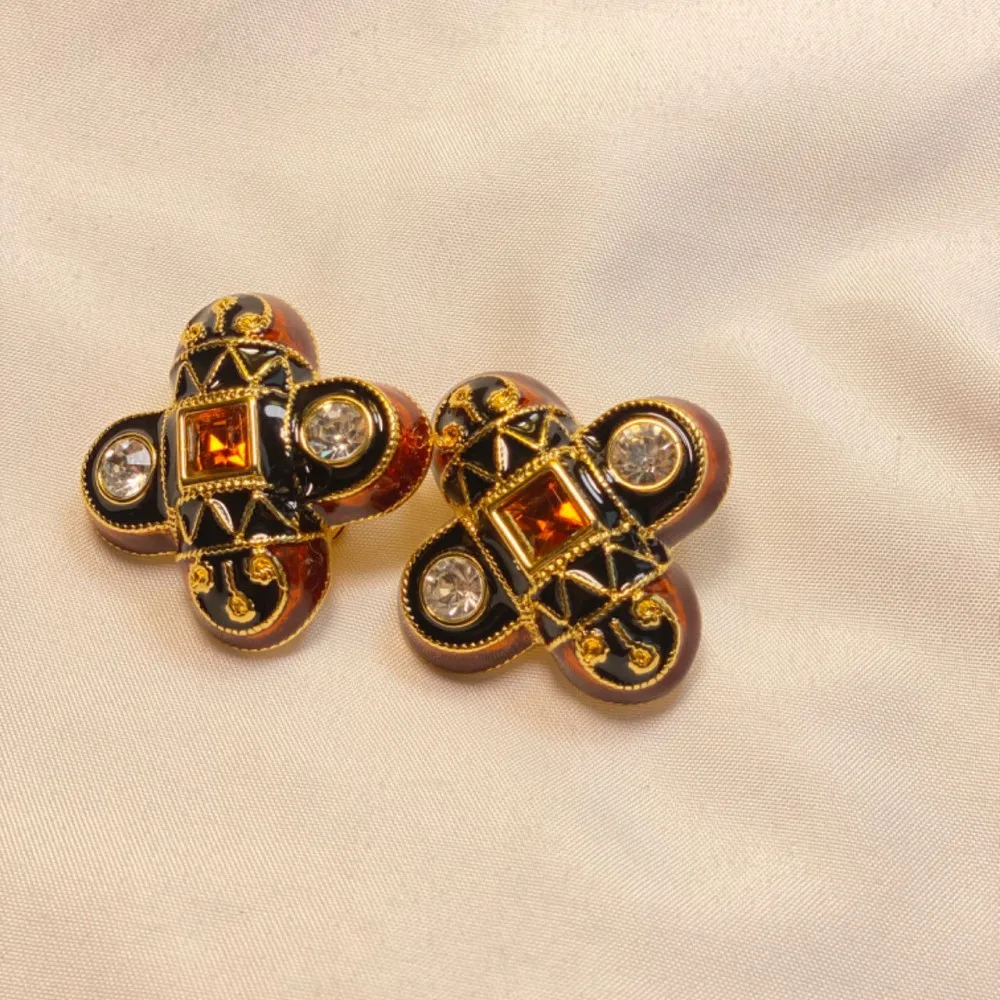 vintage court enamel cross flower sparkling zircon stud earrings for women