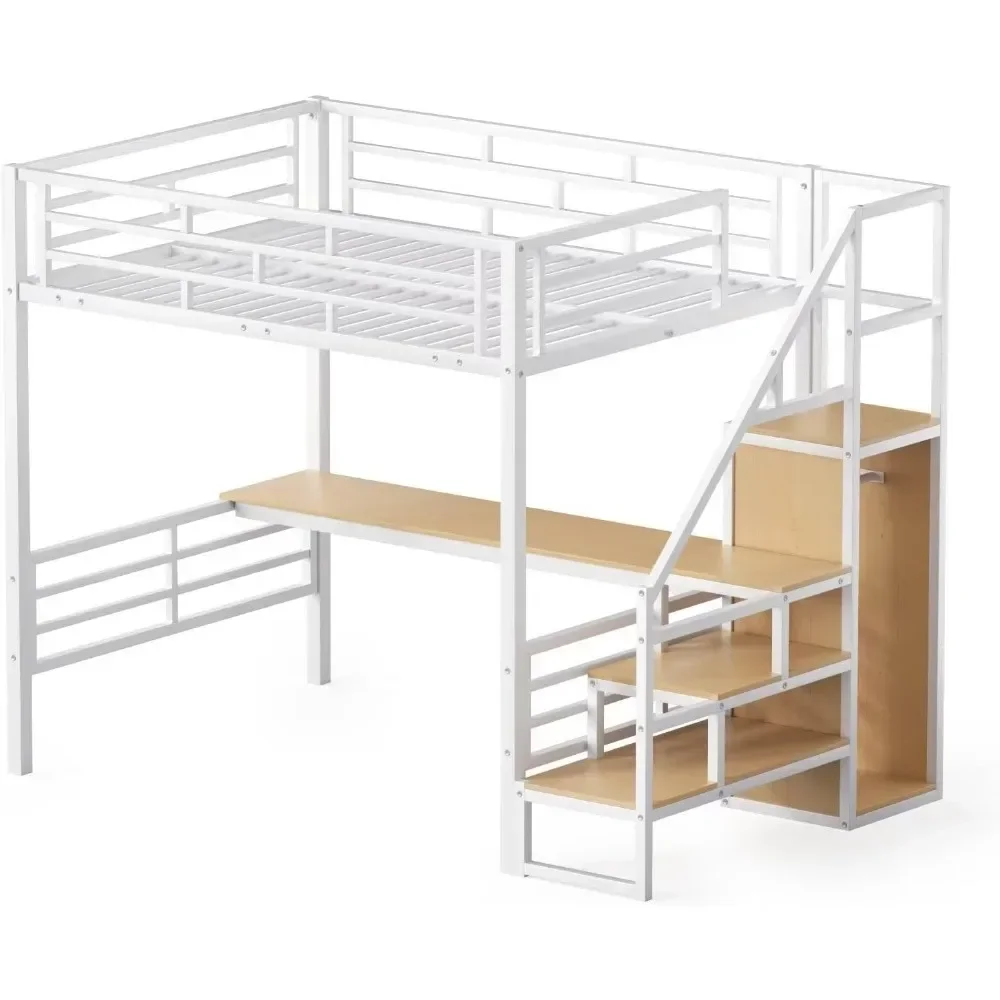 Full Size Loft Bed, Desk & Storage Stairs, Versatile High Loft Bed, No Box Spring Needed, Metal Loft Bed Frame Kids Bed 6