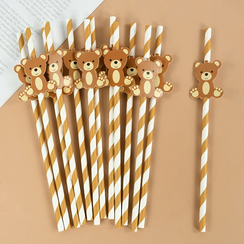 20pcs Bear Paper Straws Brown Bear Disposable Drinking Straw Kids 1st Happy Birthday Party DIY Decorations Baby Shower Supplies