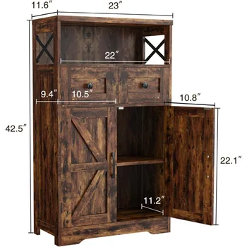 Rustic Kitchen Storage Cabinet with Drawers and Shelves, Dining Room Floor Hutch for Pantry Organization 2