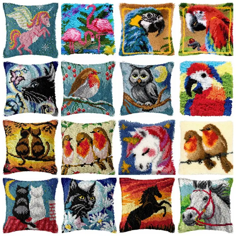 Owl Parrot Unicorn Latch Hook Kit Smyrna Pillowcase Knot Pillow Package DIY Latch Hook Kit Set For Needlework Embroidery Cushion