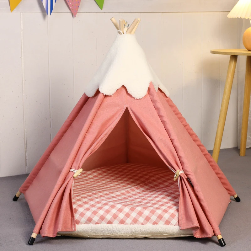 

Pet Teepee Tent Portable Cozy Bed with Plush Cushion Washable Cat Houses Indoor Puppy Beds for Small Medium Dog Cats Rabbits