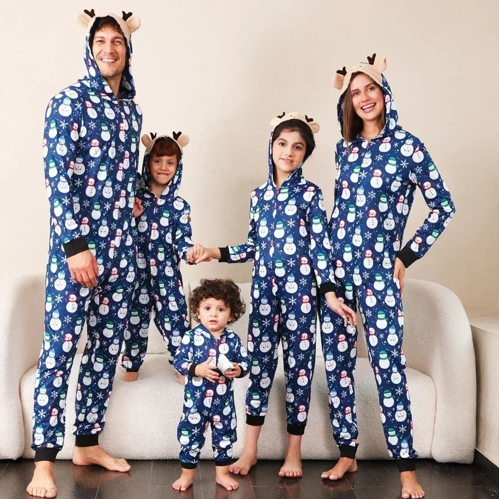Conjuntos navideños para adultos y niños, pijamas a juego con estampado de muñeco de nieve, mono de una pieza con capucha y orejas de ciervo, mono cálido y suave para Navidad