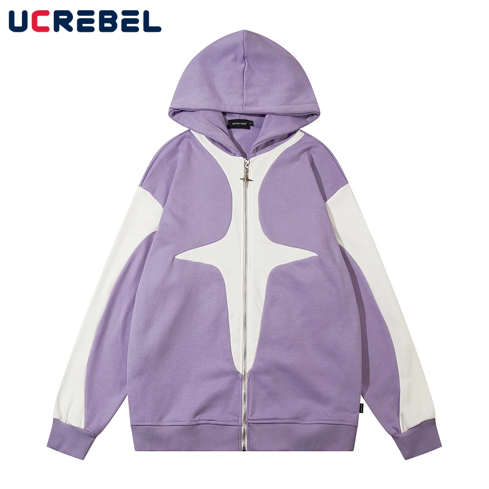 

Contrast Paneled Long Sleeve Hooded Sweatshirts Mens Autumn Casual Loose Streetwear Zipper Outerwear Men