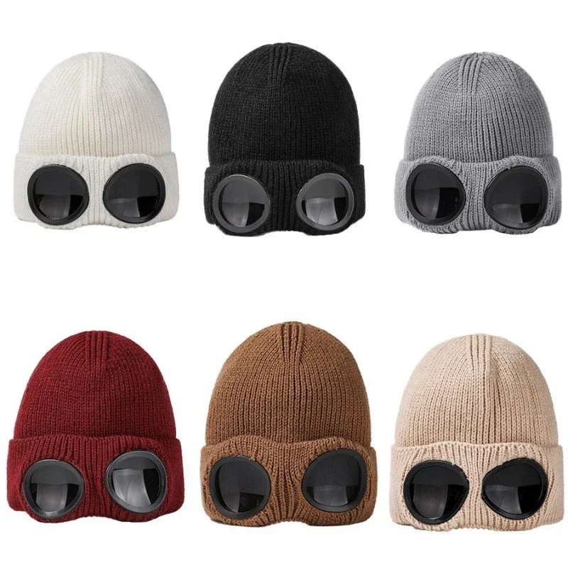 

Winter Warm Knit Hat Unisex Adult Windproof Ski Caps with Removable Glasses Riding Beanies Sports Multi-function Caps Balaclava