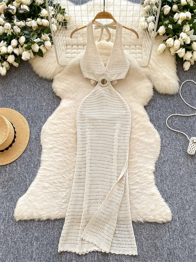 SINGREINY Summer Backless Beach Dress Women Deep V Neck Sleeveless Solid Lace Up Design Hollow Out Sexy Halter Vacation Dresses 3