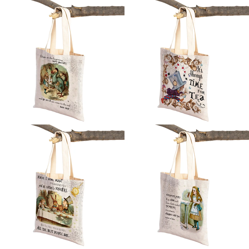 Wonderland Fashion Shopping Bag Tote Bags Canvas Bag for Girl Reusable Double Sided Print Casual Children