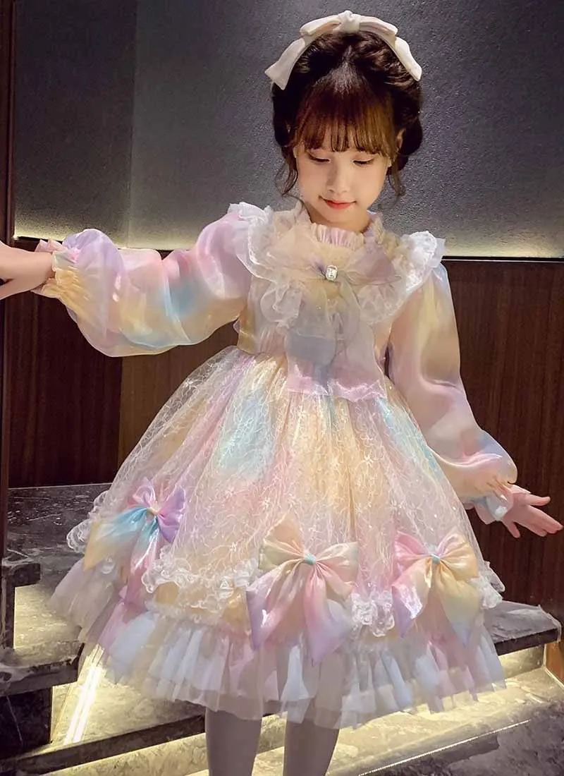 Birthday Party Lolita Sweet Dress Girls Kids Summer Mesh Long Sleeve Dress Cute Princess Doll Teen For Girls 2-10Y