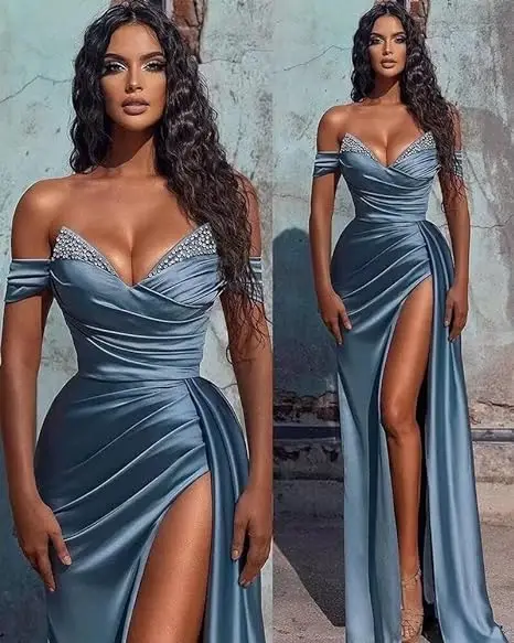 Sexy High Slit Gray Blue Maxi Dress For Women Luxury Sequins Satin Bodycon Female Dresses for Casual Evening Party Prom Gown