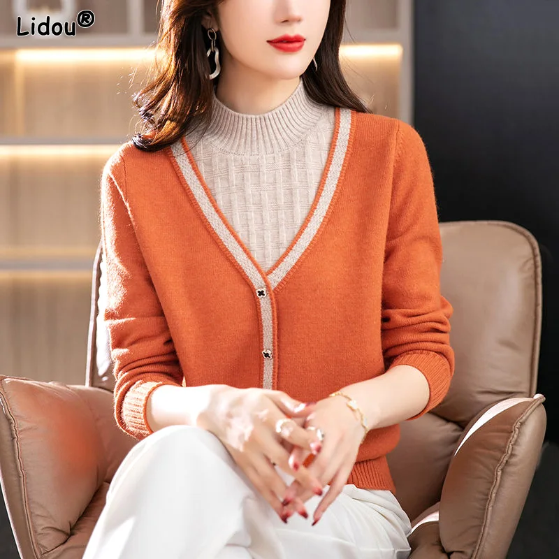 

Sweaters Half High Collar Button Solid Patchwork Straight Women's Clothing 2022 Casual Autumn Winter Thick Pullovers Simplicity