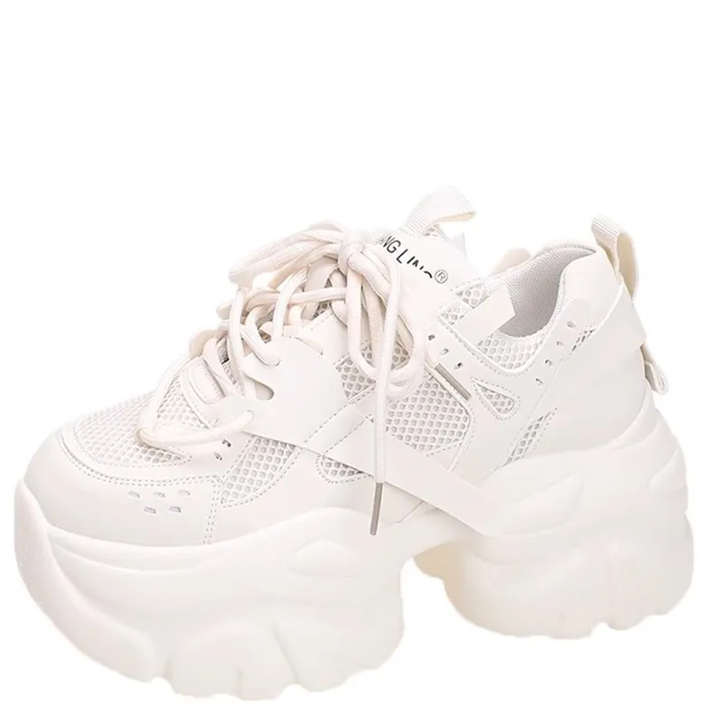 

Autumn Women Chunky Sneakers Breathable Mesh Casual Shoes 8CM Wedge Heels Platform White Shoes Chaussures Femme Sports Dad Shoes