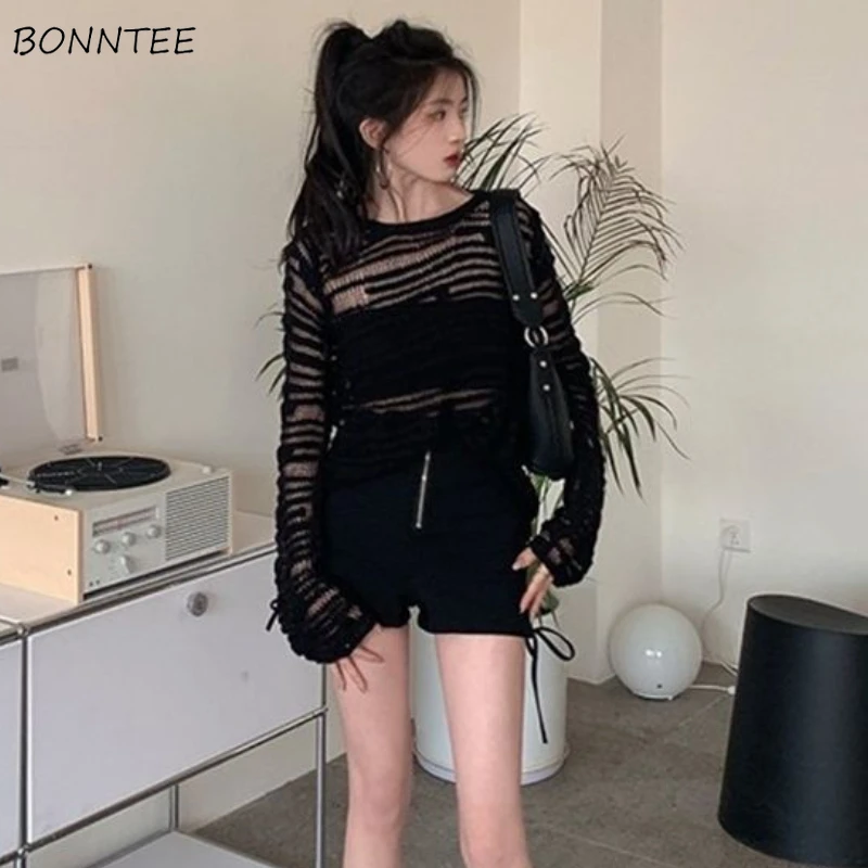 

Пуловеры женские с вырезами в полоску, свободный пикантный дизайн, повседневная шикарная уличная одежда, одежда с длинным рукавом, корейский стиль, Солнцезащитный свитер