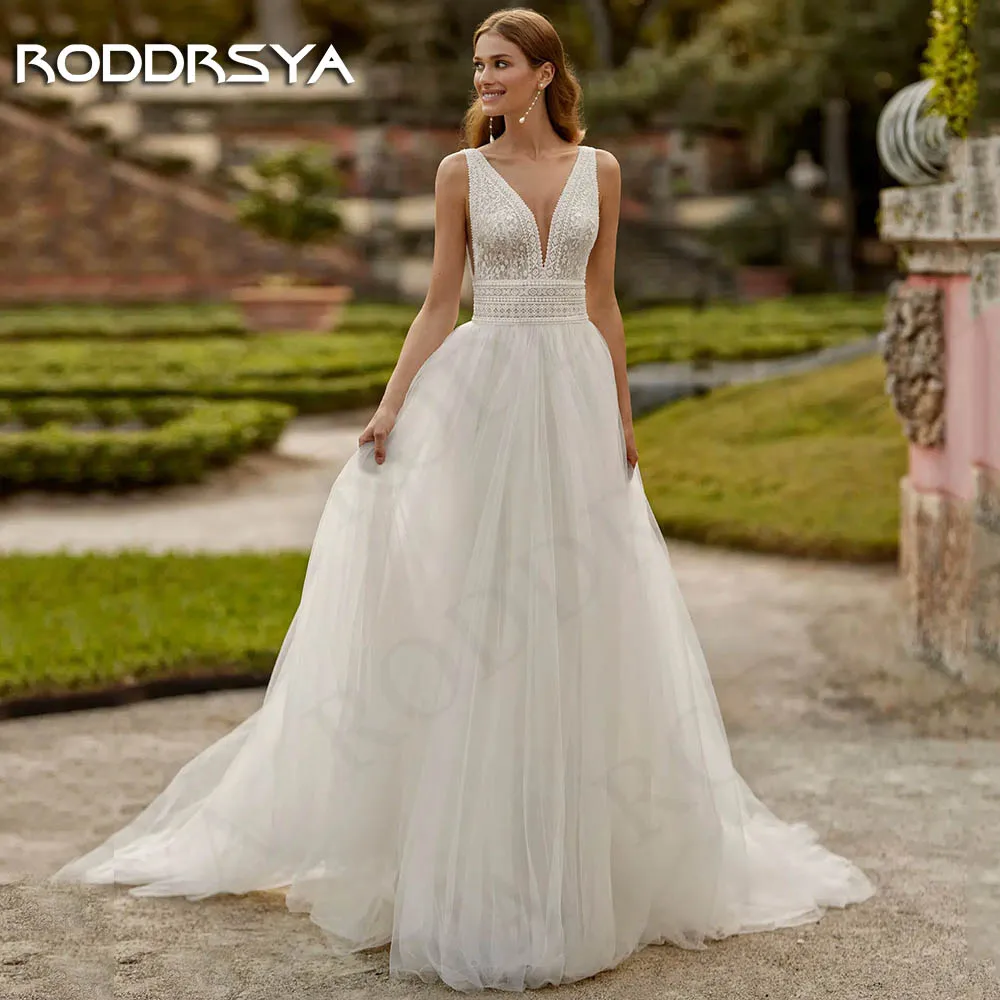 

RODDRSYA A Line Wedding Dress Boho Elegant Sleeveless Lace Backless Tulle Bridal Dresses Appliques Women vestido de novias 2024