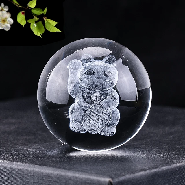 Boule de cristal clair avec gravure laser, chat porte-bonheur, maneki neko,  prisme, breloques en verre, attrape-soleil, mascotte de fortune, ornement,  décor de bureau, 50mm - AliExpress