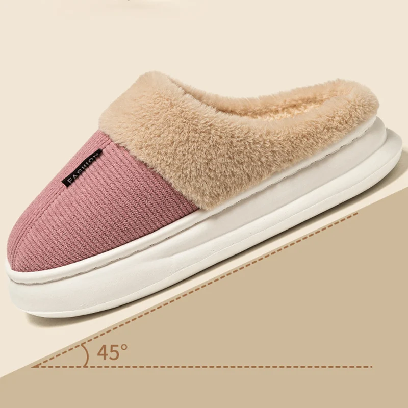 Thick Bottom Fluffy Slippers for Women Corduroy Thick Plush Warm Cotton Slippers Woman Indoor Light Non Slip Home Slides Female