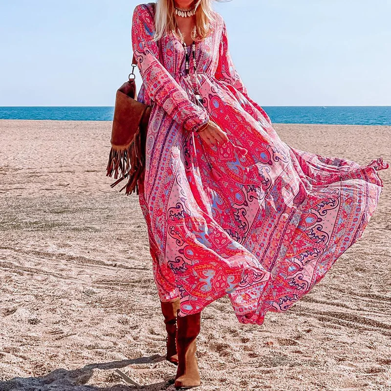 

Spring Pattern Print Long Bohemian Dress Women V-neck Elastic Waist Party Dress Autumn Long Sleeve Loose Office Lady Maxi Dress