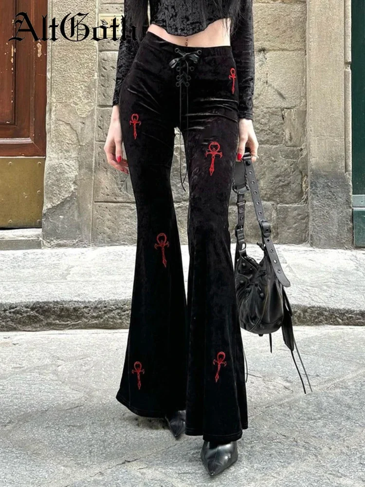 AltGoth Mall Gothic Velvet Flare Pants Women Streetwear Harajuku