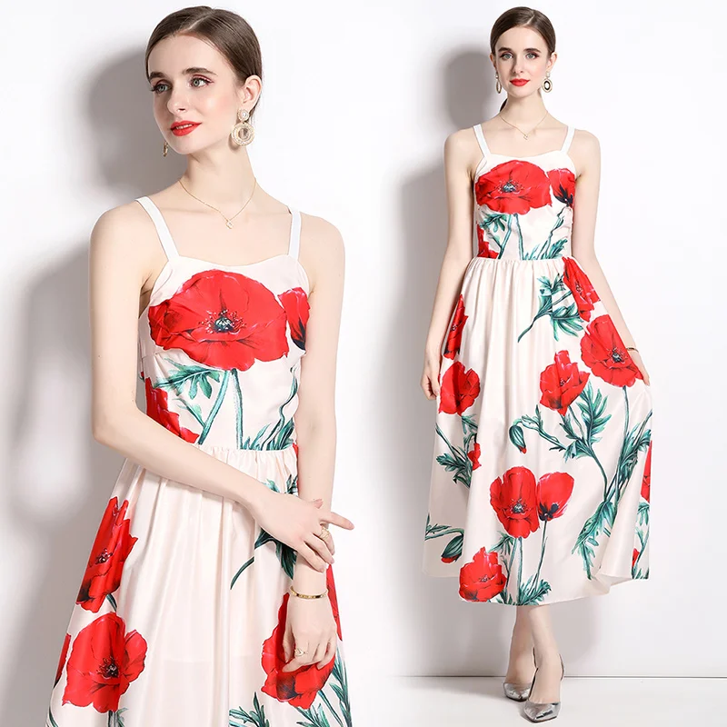 

Fashion Runway Summer Beach Dress Women's Spaghetti Strap Red Rose Flower Print Vacation Party Long Robe Vestidos A587