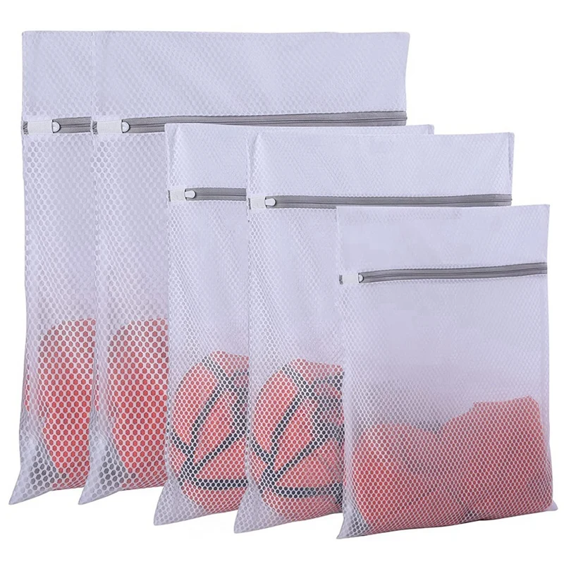 3 section laundry hamper 5Pcs Heavy Duty Mesh Wash Laundry Bag Net Fabric Durable and Reusable Wash Bag,Travel Storage Bag double laundry basket