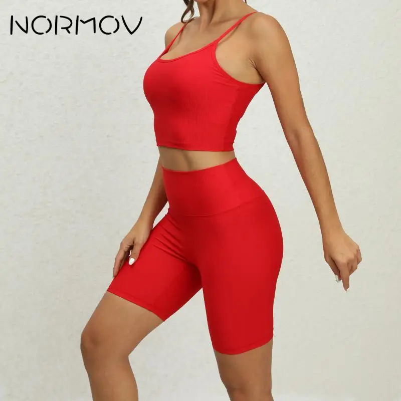 

NORMOV Quick Dry Yoga Set High Waist Women Sports Set Ribbed Gym Outfit Women Beauty Back Workout Set Two Piece Gym Wear Solid