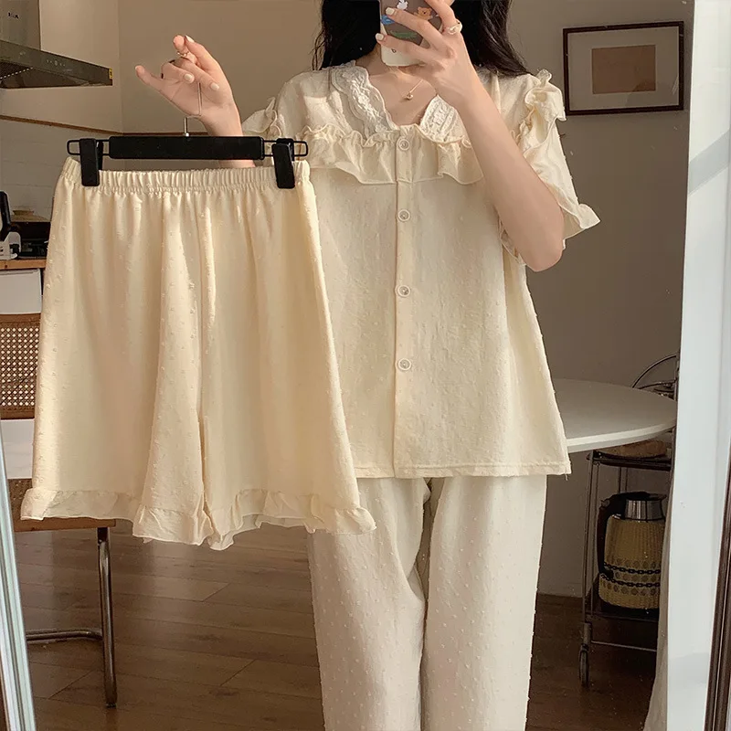 Sleepwear Women's Summer Short Sleeved Long Pants Three Piece Set, Simple and Solid Color Home Clothing Can Be Worn Externally